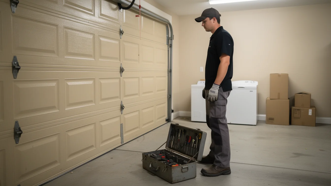 A technician stands next to an open toolbox and a beige garage door.