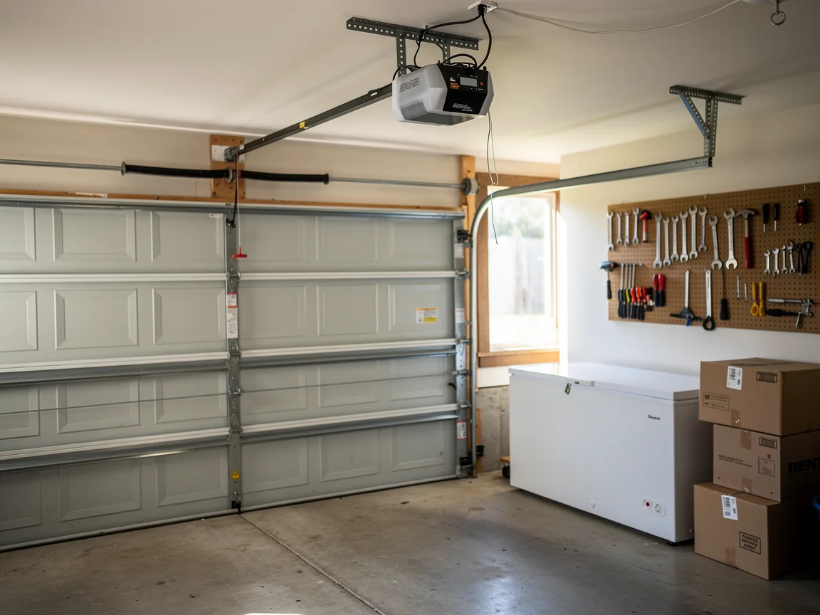 A garage door, opener, and torsion spring are visible inside a garage.