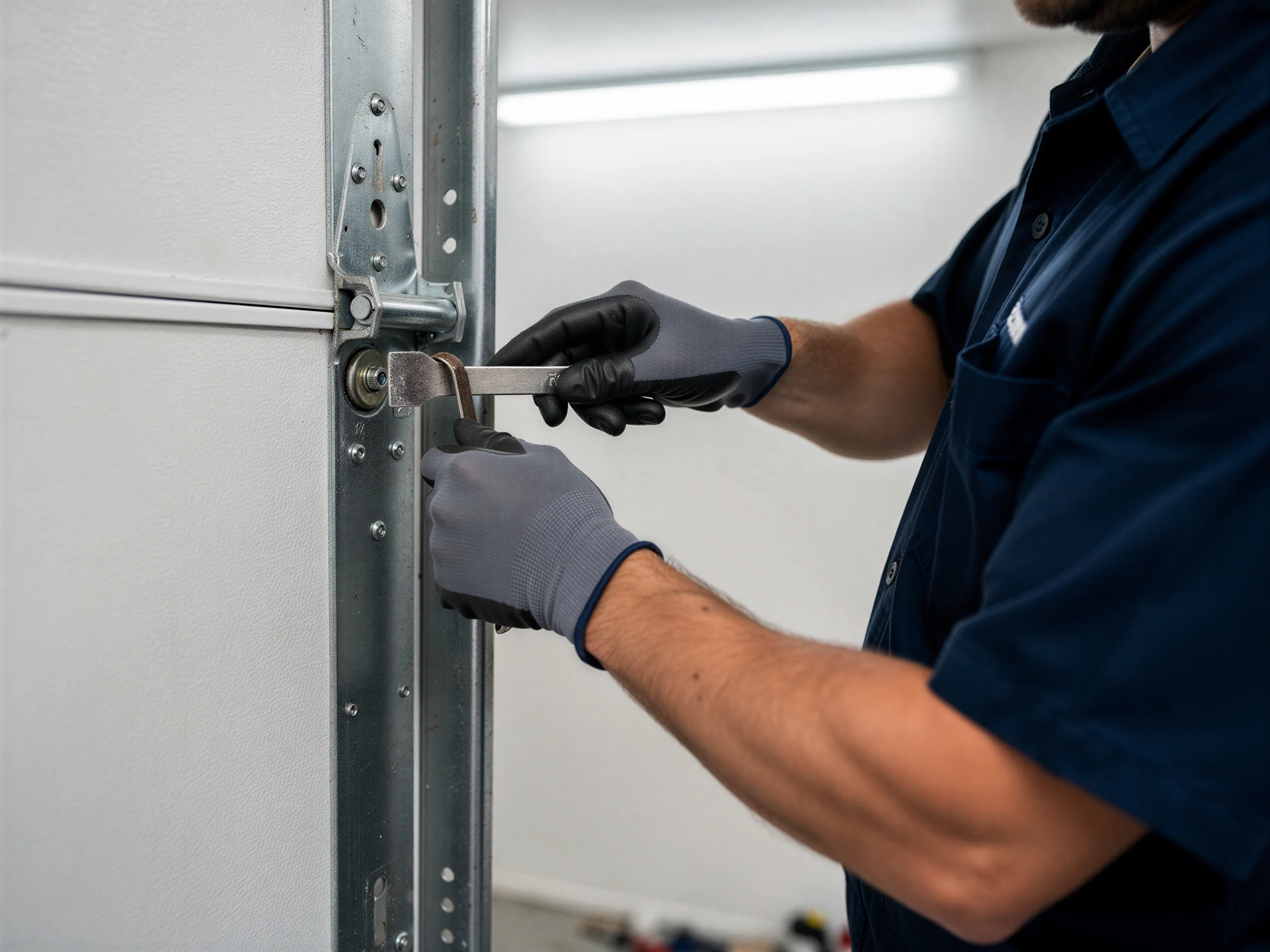 A technician in gloves adjusts a garage door roller with a tool.